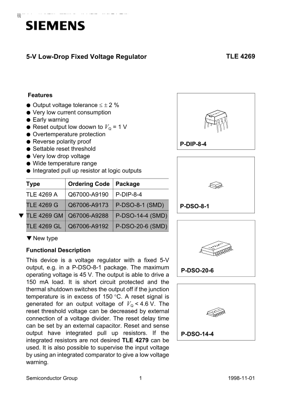 Siemens TLE 4269 5-V Low-Drop Fixed Voltage Regulator Data Sheet User Manual - Page 1