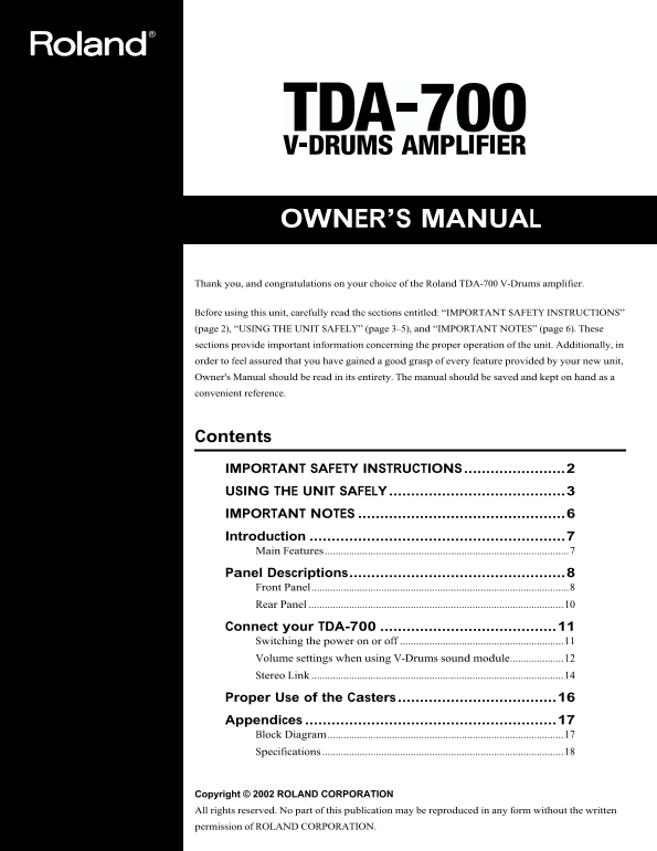 Roland TDA-700 V-Drums Speaker System Owner's Manual - Page 1