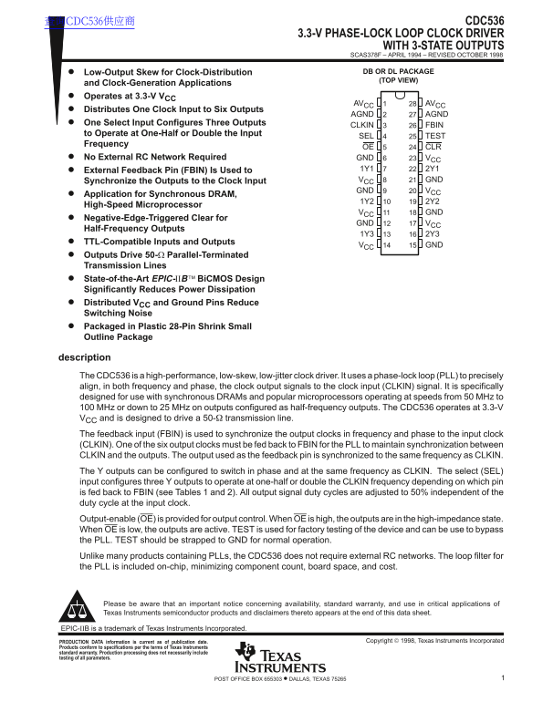 Texas Instruments CDC536 3.3-V Phase-Lock Loop Clock Driver with 3-State Outputs - Page 1