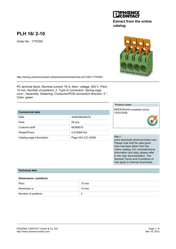 Phoenix Contact PLH 16 2-10 Data Sheet Order No. 1770393 - Page 1