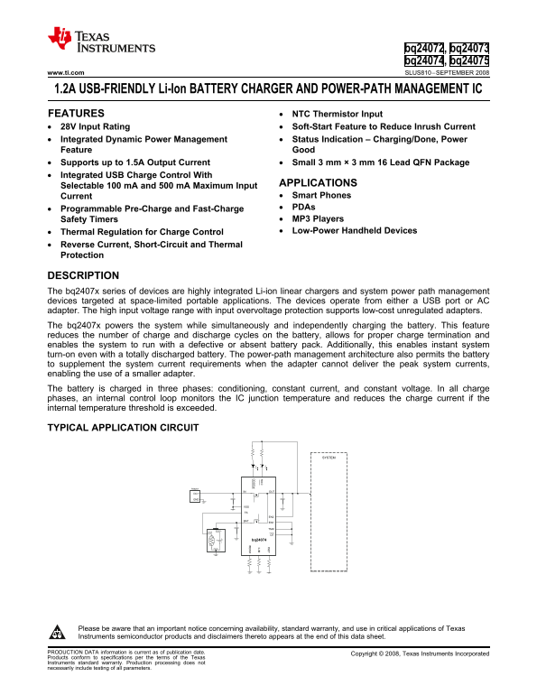 Texas Instruments bq24072, bq24073, bq24074, bq24075 User Manual and Technical Specifications - Page 1