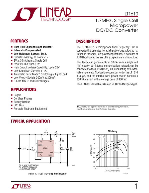 LINEAR TECHNOLOGY LT1610 Specifications and User Guide - Page 1