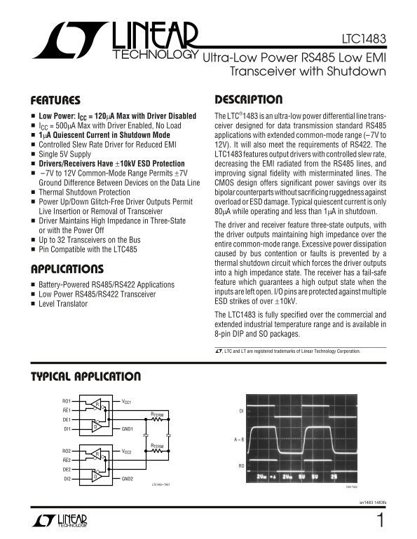 LINEAR TECHNOLOGY - 1 LTC1483 Data Sheet User Guide - Page 1
