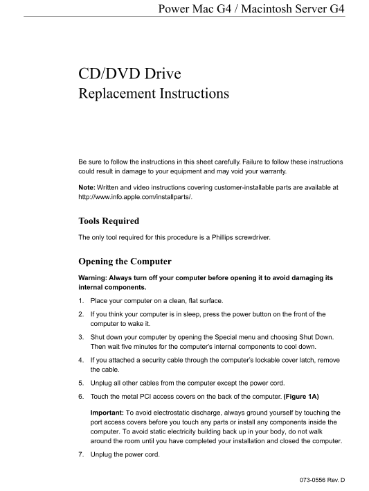 Apple Power Mac G4 Server Replacement Guide - Macintosh Server G4 CD DVD Drive Installation Instructions - Page 1