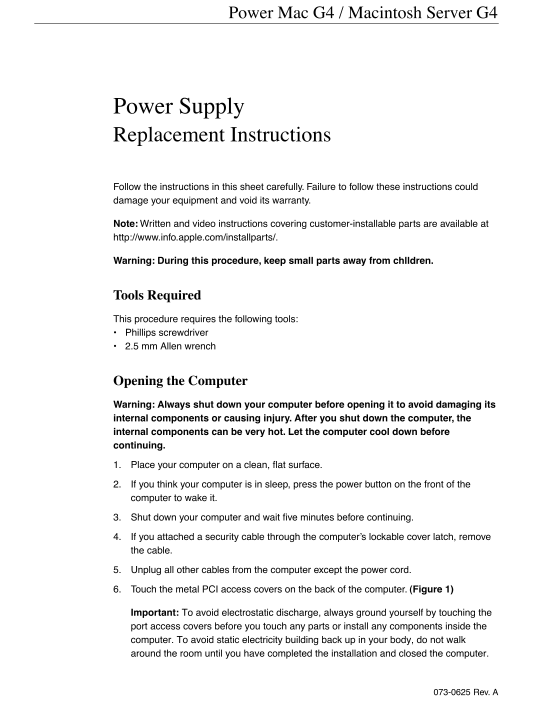 Apple Power Mac G4 and Macintosh Server G4 - Power Supply Replacement Instructions - Page 1