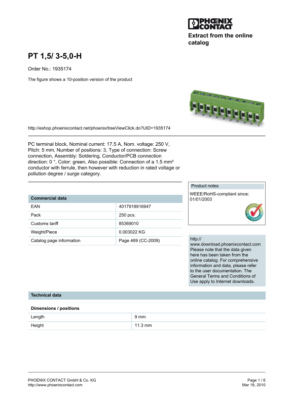 Phoenix Contact PT 1,5 3-5,0-H Order No. 1935174 Product Data Handbook & Instructions Figure illustrates a 10-position variant of the item's documentation and specifications. - Page 1