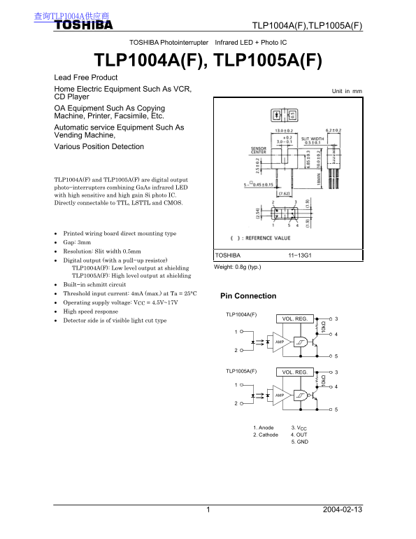 Toshiba Photointerrupter Infrared LED + Photo IC TLP1004A(F), TLP1005A(F) Data Manual - Page 1