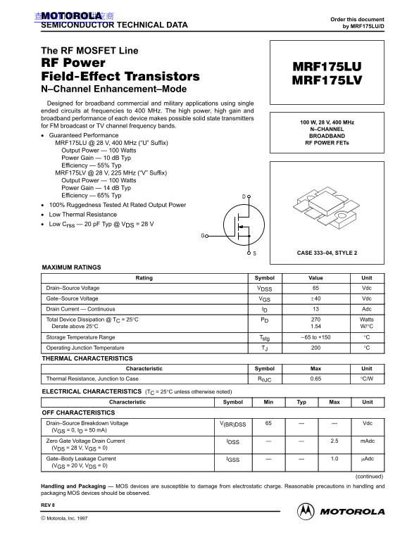 MOTOROLA MRF175LU Data Sheet - Page 1