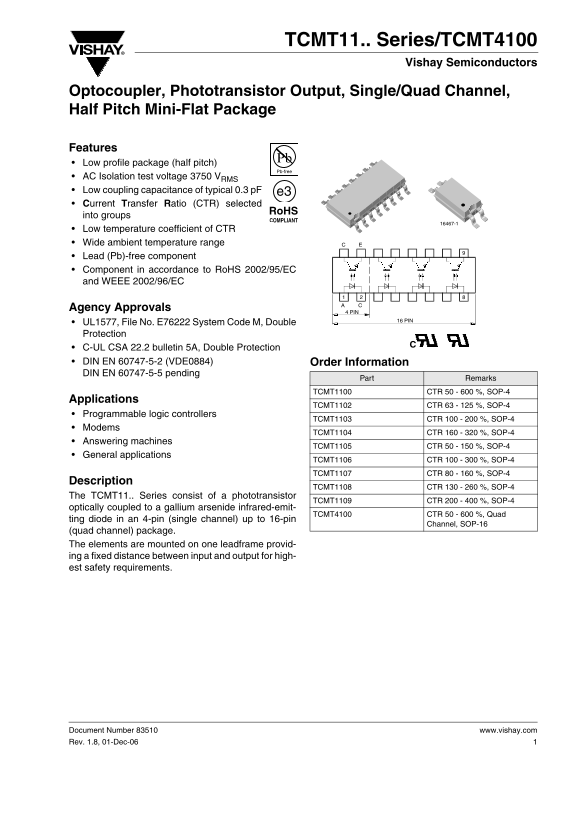 Vishay TCMT11.. Series TCMT4100 Specifications User Guide - Page 1
