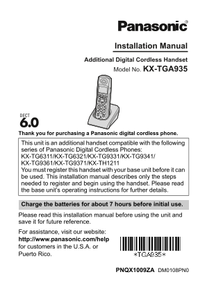 Panasonic KX-TGA935 User's Guide - Page 1