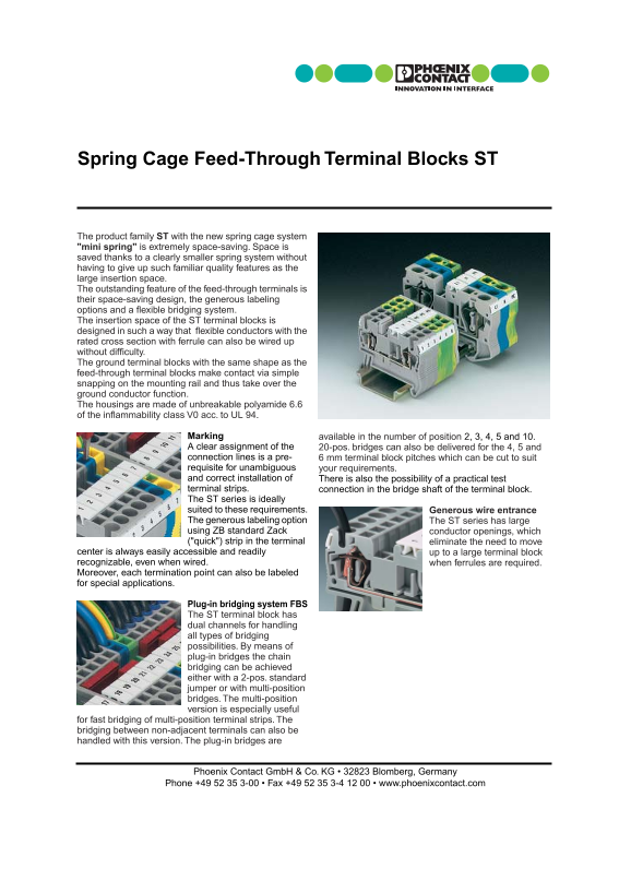 Phoenix Contact Spring Cage Feed-Through Terminal Blocks ST Data Manual User Guide - Page 1