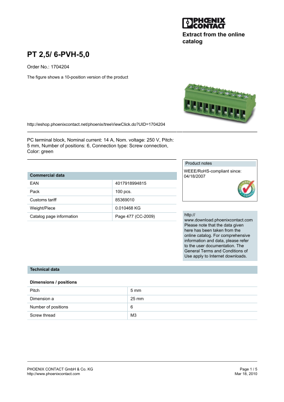 Phoenix Contact - PT 2.5 6- PVH-5.0 Data Sheet - Page 1