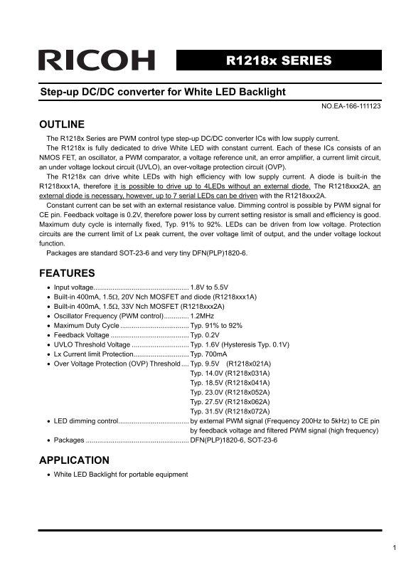 RICOH R1218x SERIES Step-up DC DC Converter for White LED Backlight User Guide and Specifications - Page 1