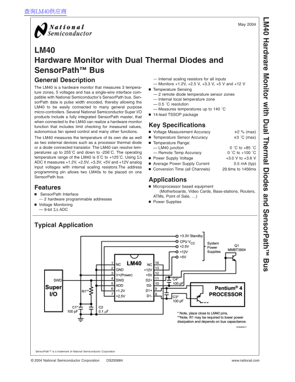 National Semiconductor LM40 Hardware Monitor with Dual Thermal Diodes and SensorPath Bus - Page 1