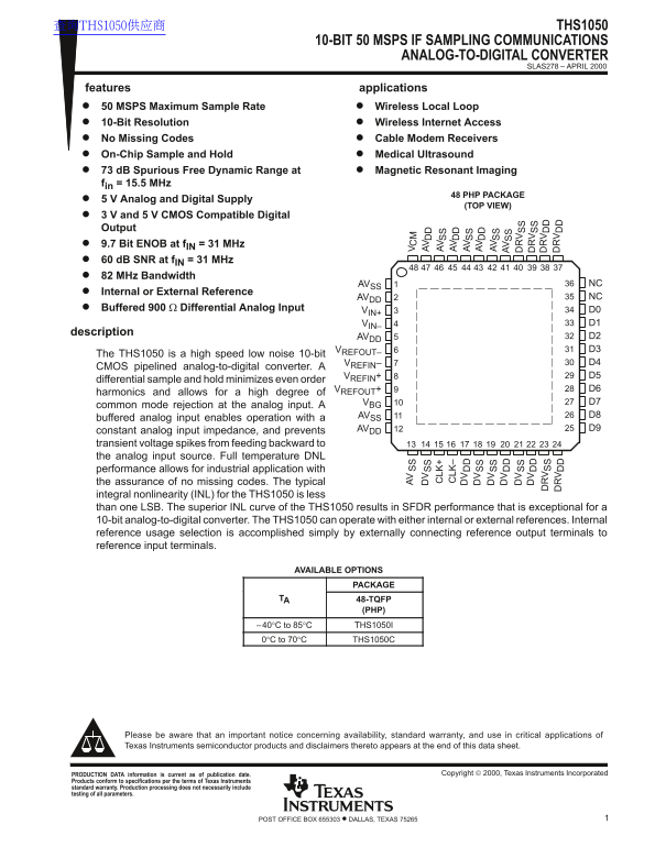 Texas Instruments THS1050 Data Sheet / Manual - Page 1