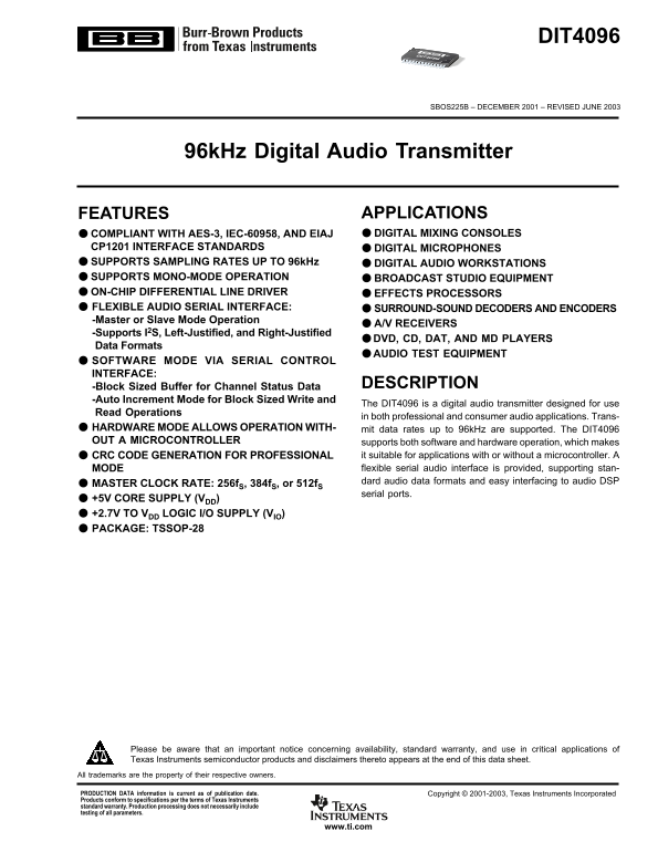 Texas Instruments - DIT4096 Data Sheet - Page 1
