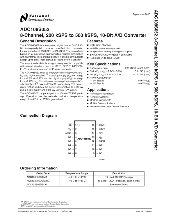 NATIONAL SEMICONDUCTOR ADC108S052 User's Manual - Page 1