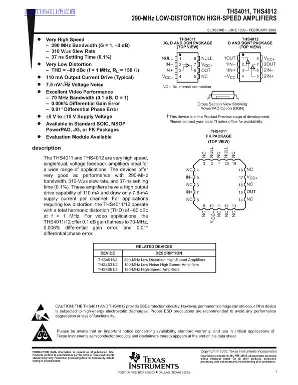 Texas Instruments THS4011, THS4012 - 290-MHz Low-Distortion High-Speed Amplifiers Data Manual Specification User Guide - Page 1
