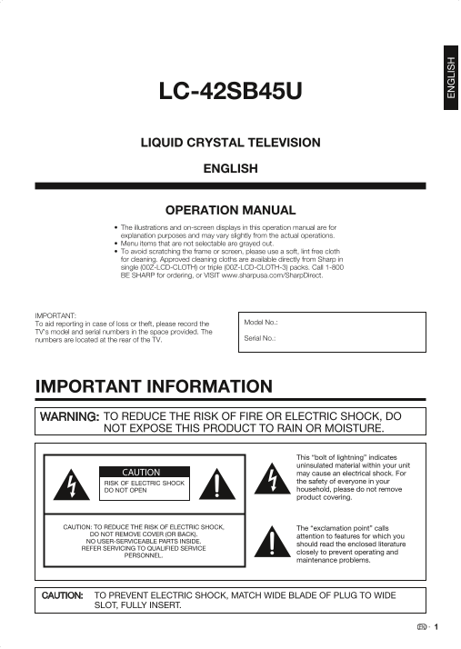 SHARP LC-42SB45U LC-42SB45UT Operation Manual - Page 1
