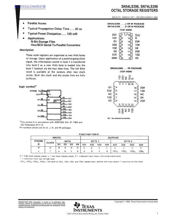 TEXAS INSTRUMENTS SN54LS396, SN74LS396 DATA SHEET octal storage registers Owner's Manual - Specifications, User Guide - Page 1