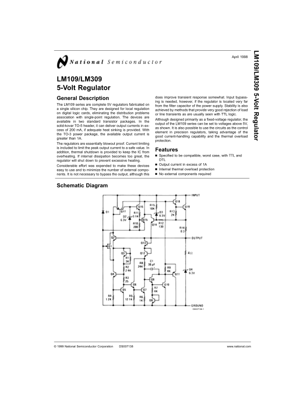 National Semiconductor LM109 LM309 5-Volt Regulator Data Sheet - Page 1