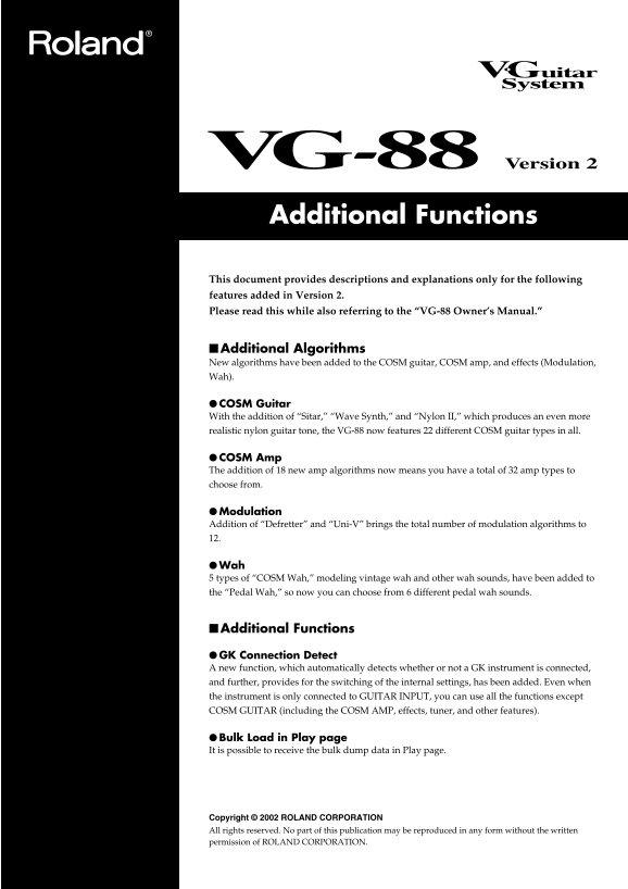 Roland VG-88 V Guitar System Addendum User's Manual - Page 1