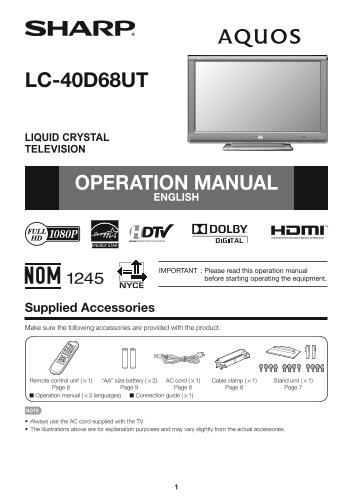 SHARP LC-40D68UT Operation Manual - Page 1