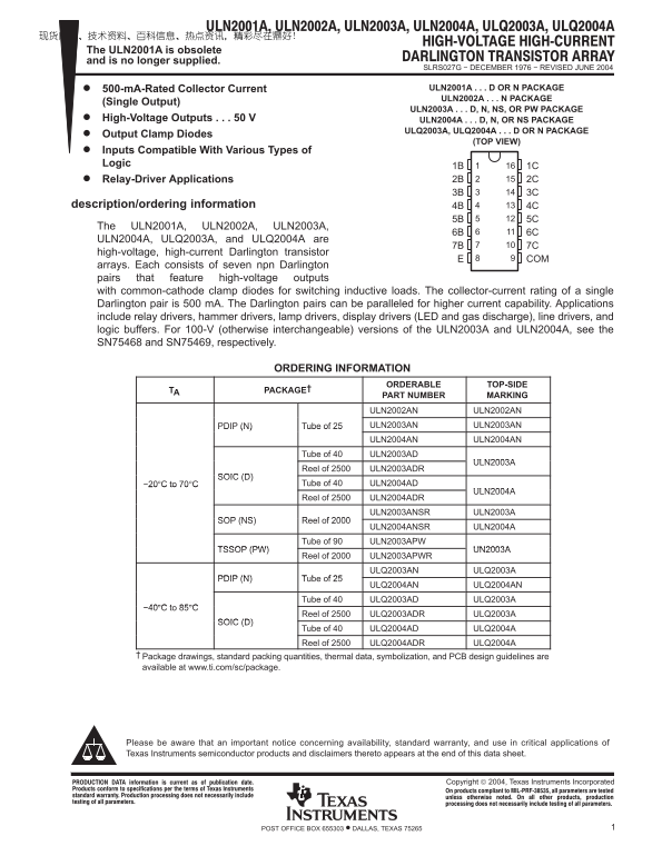 Texas Instruments ULN2001A, ULN2002A, ULN2003A, ULN2004A, ULQ2003A, ULQ2004A Specifications (Part 2) User Manual - Page 1