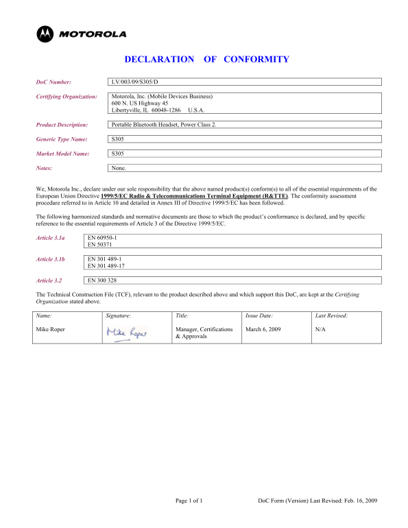 MOTOROLA LV 003 09 S305 D Data Sheet - Page 1