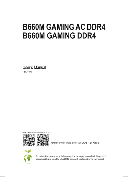 Gigabyte Motherboard B660M GAMING AC DDR4 (rev.1.0) User Manual English (version 1101) - Page 1
