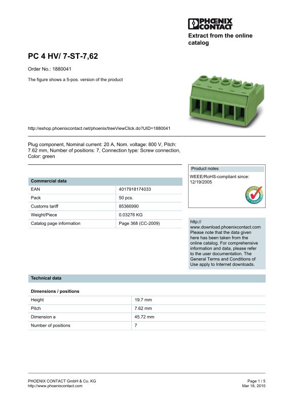 Phoenix Contact PC 4 HV 7-ST-7,62 Data Sheet - Page 1