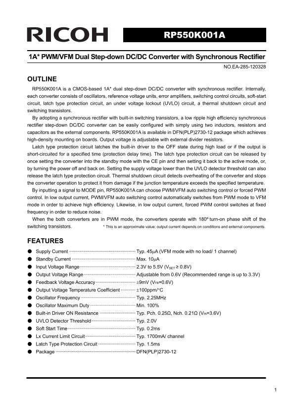 RICOH RP550K001A 1A PWM VFM Dual Step-down DC DC Converter with Synchronous Rectifier Data Manual - Page 1