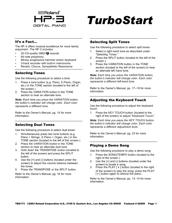 Roland HP-3 Digital Piano User Guide & HP-3 TurboStart Support Document - Page 1