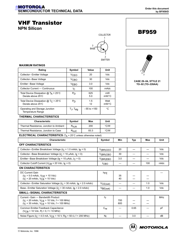 Motorola Semiconductor BF959 Data Handbook/Manual - Page 1