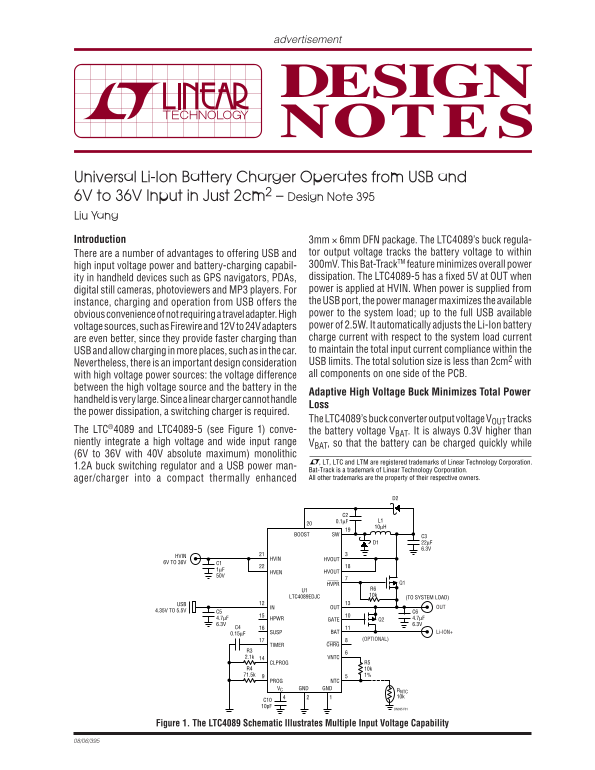 LINEAR Universal Li-ION Battery Charger - USB & 6V to 36V Input in 2cm² Efficiency - Design Note 395 Liu Yang Operation Instructions User Manual - Page 1