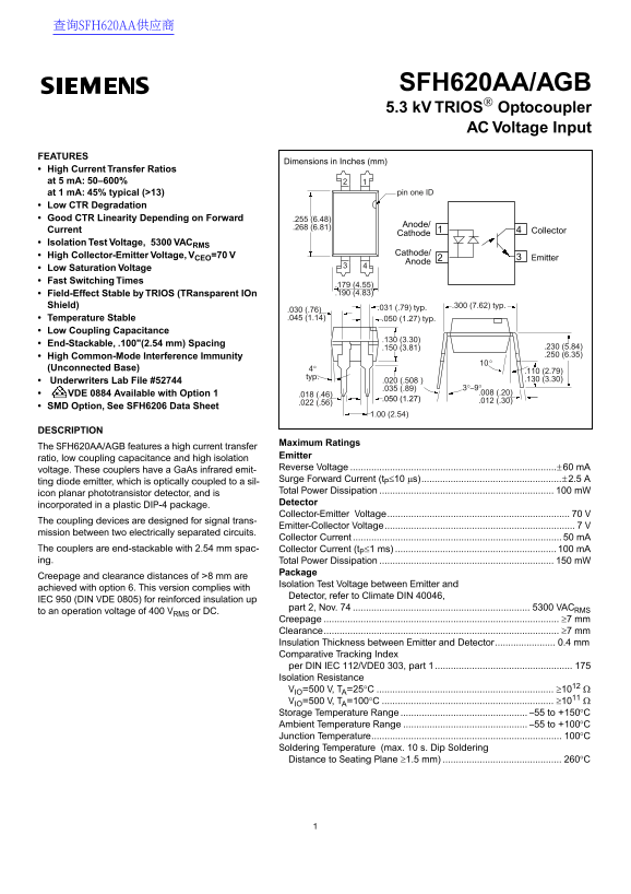 Siemens SFH620AA AGB Data Handbook - Page 1