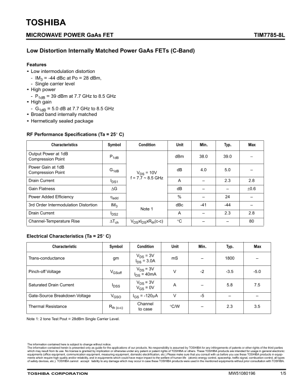 Toshiba TOSHIBA TIM7785-8L MICROWAVE POWER GaAs FET Low Distortion Internally Matched Power GaAs FETs (C-Band) Data Handbook - Page 1