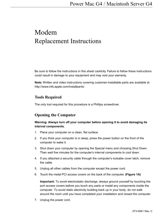 Apple Power Mac G4 and Macintosh Server G4 - Modem - Replacement Instructions - Page 1