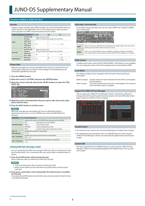 Roland Juno-DS61 Synthesizer User Manual [English] Roland Juno-DS Supplementary Manual - Page 1