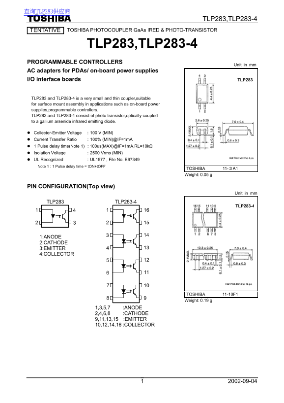Toshiba TOSHIBA TLP283, TLP283-4 User Manual and Specifications (Part 2) - Page 1