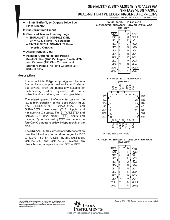 TEXAS INSTRUMENTS SN54ALS874B, SN74ALS874B, SN74ALS876A, SN74AS874, SN74AS876 - DUAL 4-BIT D-TYPE EDGE-TRIGGERED FLIP-FLOPS Technical Data Sheet - Page 1