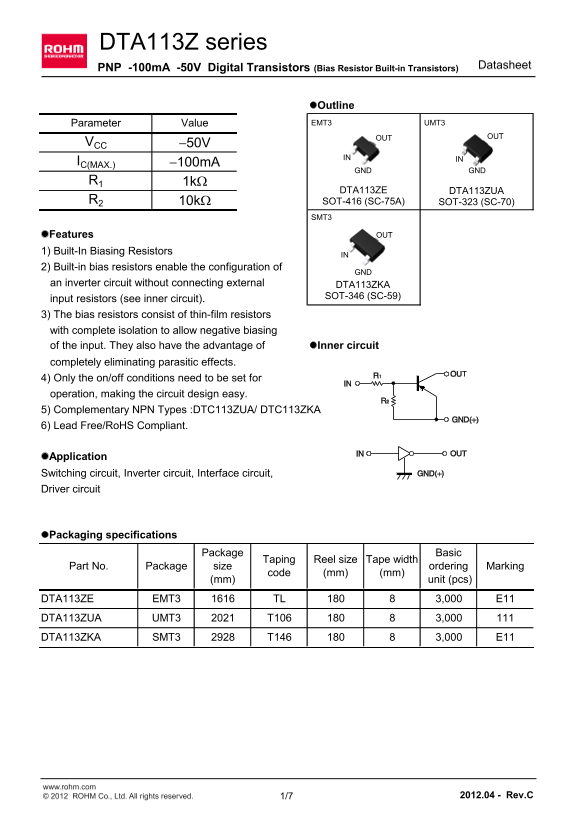 ROHM DTA113ZE Series Data Sheet - Page 1