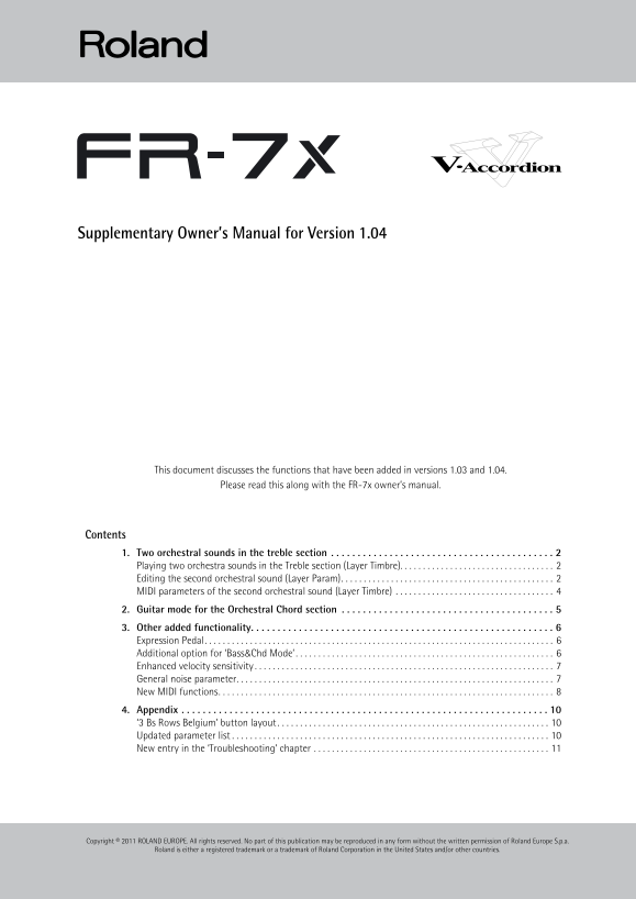 Roland FR-7x Keyboard Type Electronic Accordion Addendum User Manual - Page 1