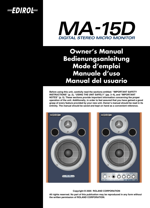 Roland Roland Musical Instruments MA-15D Digital Stereo Micro Monitors [5 Languages] MA-15D Owner's Manual - Page 1