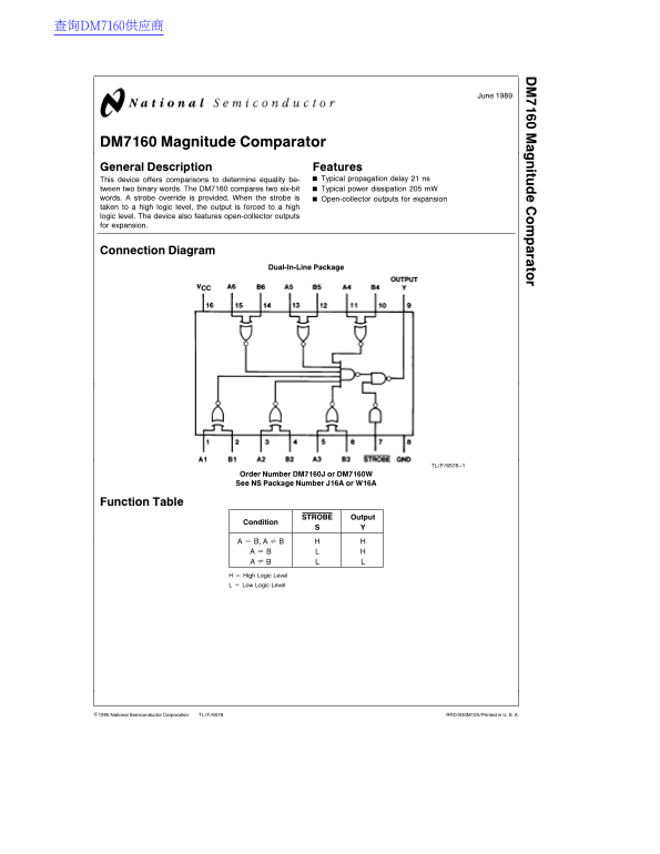 National Semiconductor DM7160 Magnitude Comparator Data Sheet - Page 1