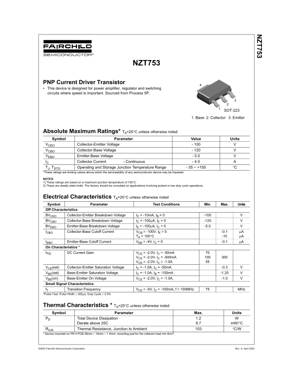 Fairchild NZT753 PNP Current Driver Transistor Data Sheet - Page 1