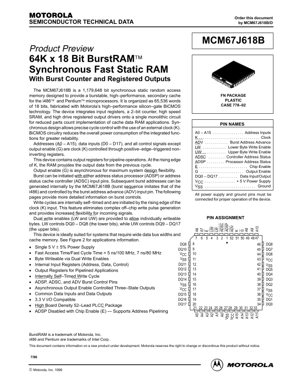 Motorola MCM67J618B Data Sheet - Page 1
