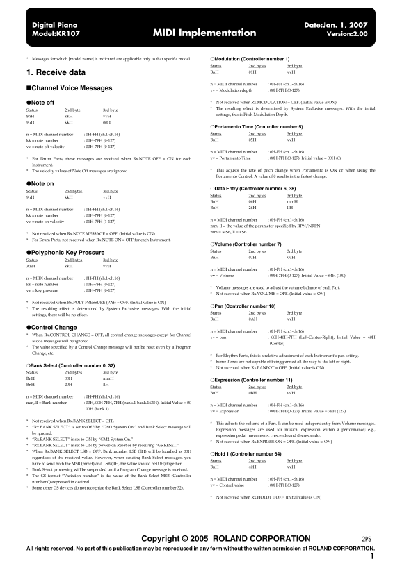Roland KR-107 Digital Intelligent PianoMIDI Implementation User's Manual - Page 1