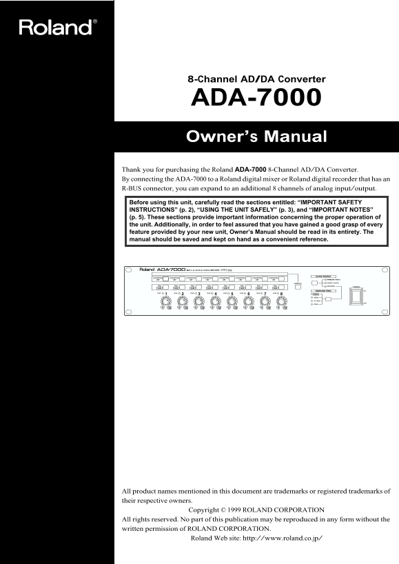 Roland ADA-7000 8-Channel Audio D/D-A Converter Owner's Manual - Page 1