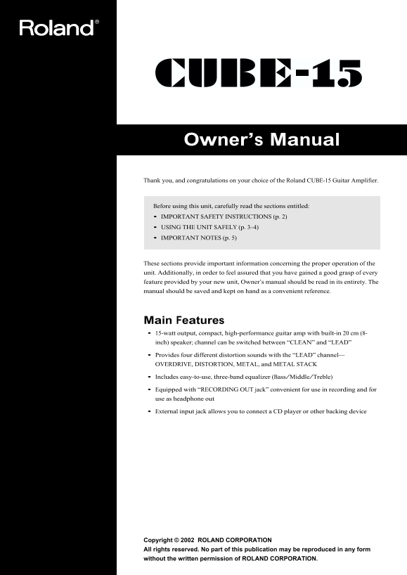 Roland Cube 15 Guitar Amplifier Owner's Manual - Page 1